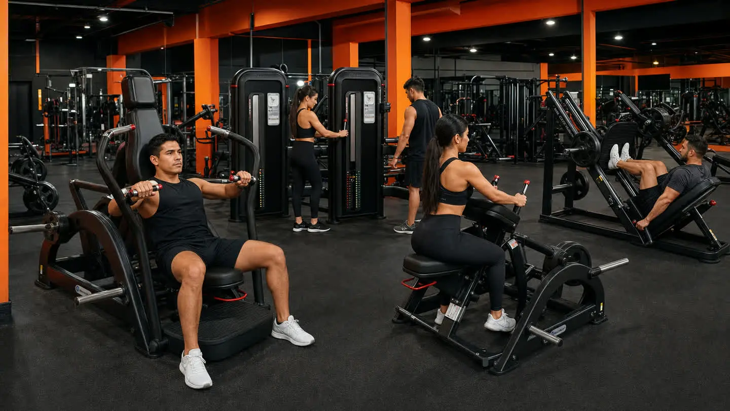 Visual de campaña Empire Fitness sobre experiencia de entrenamiento para Ecatepec, con equipo de fuerza negro inspirado en referencias oficiales Nautilus