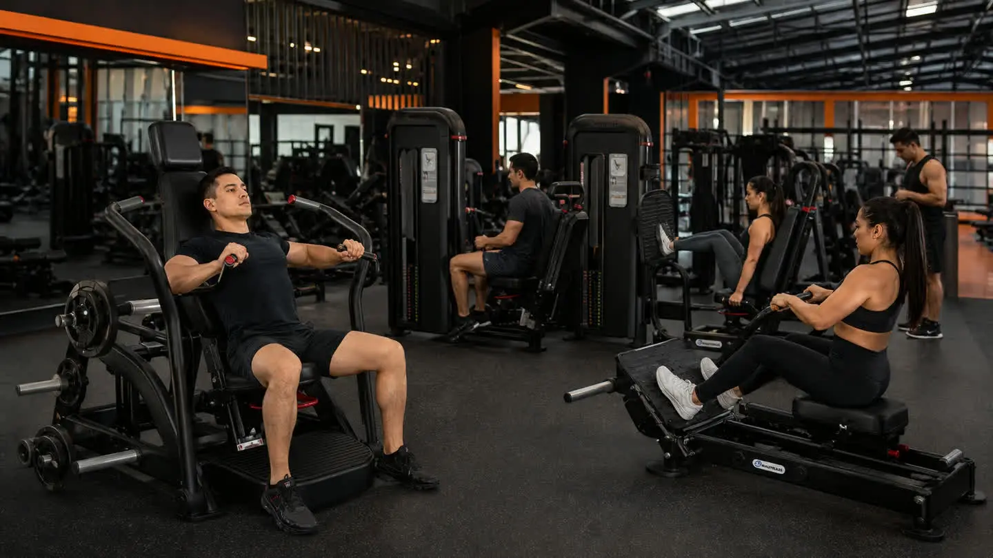 Visual de campaña Empire Fitness sobre experiencia de entrenamiento para Finsa, con equipo de fuerza negro inspirado en referencias oficiales Nautilus