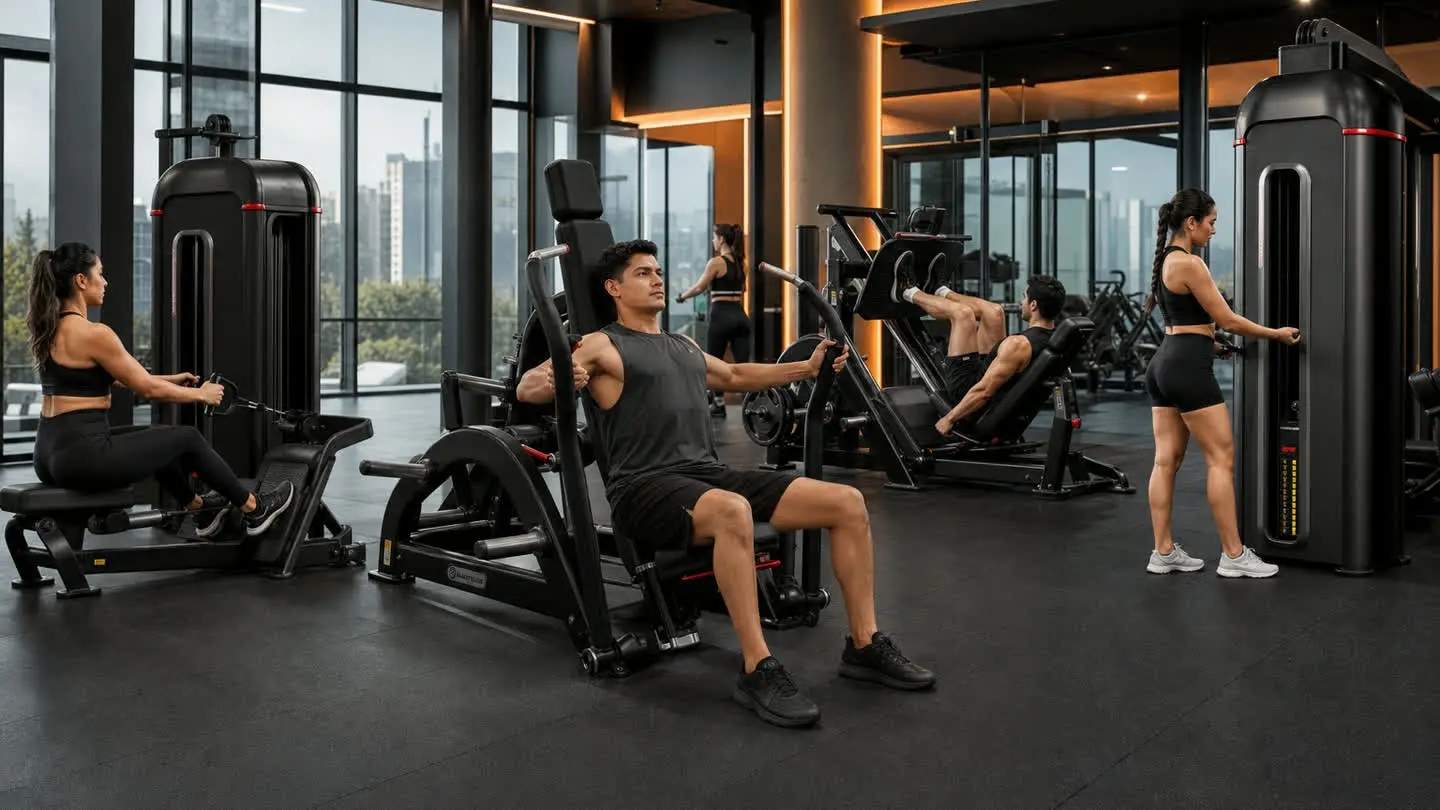 Visual de campaña Empire Fitness sobre experiencia de entrenamiento para Fortuna CDMX, con equipo de fuerza negro inspirado en referencias oficiales Nautilus