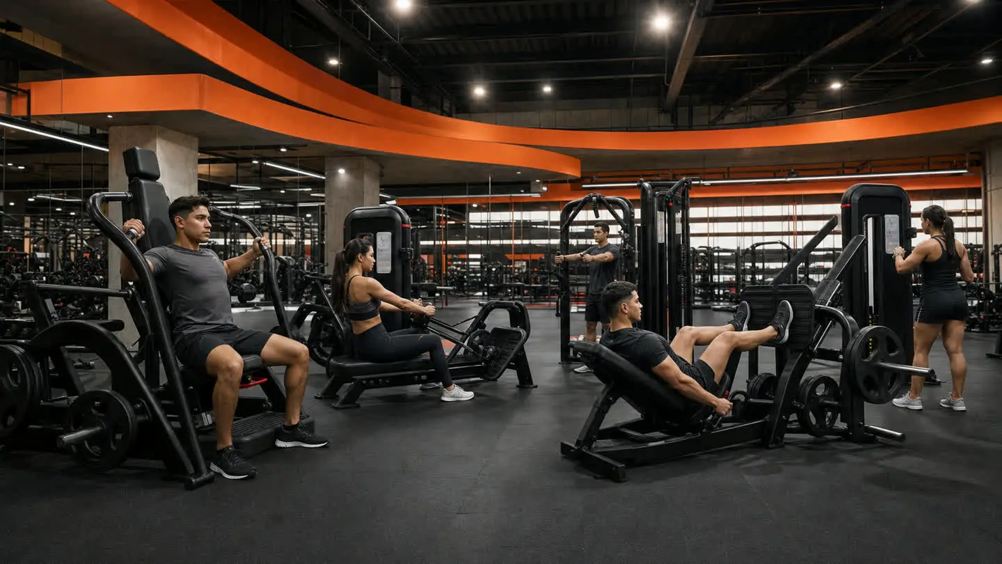 Visual de campaña Empire Fitness sobre experiencia de entrenamiento para Galerías Serdán, con equipo de fuerza negro inspirado en referencias oficiales Nautilus