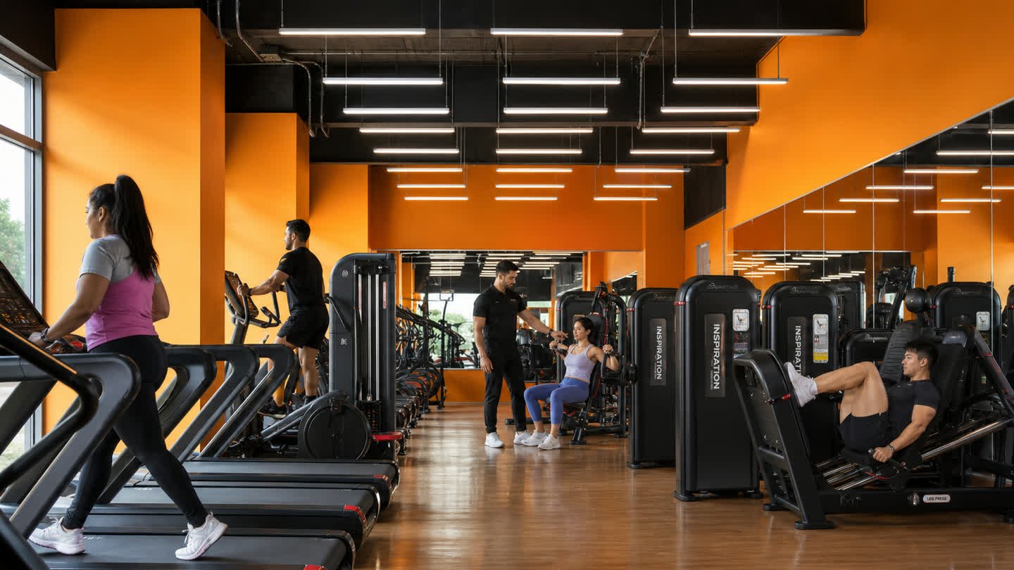 Visual de campaña generado con IA para Empire Fitness La Ciénega, con ambiente negro y naranja y equipo de fuerza; no documenta el inventario actual de la sede