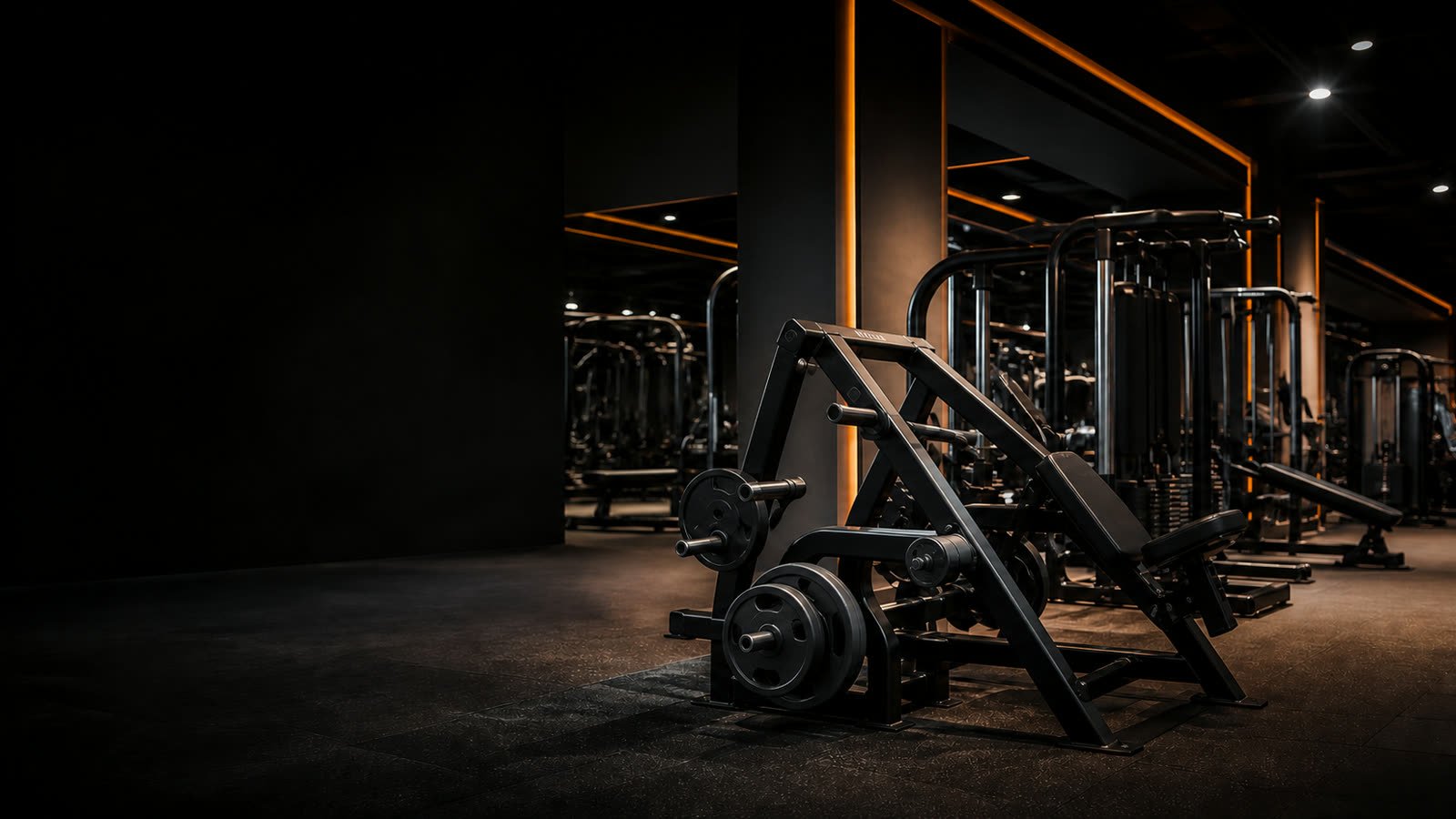 Composición publicitaria generada con IA de un gimnasio con equipo de fuerza; no documenta la sede Guadalajara, su inventario ni la reinauguración