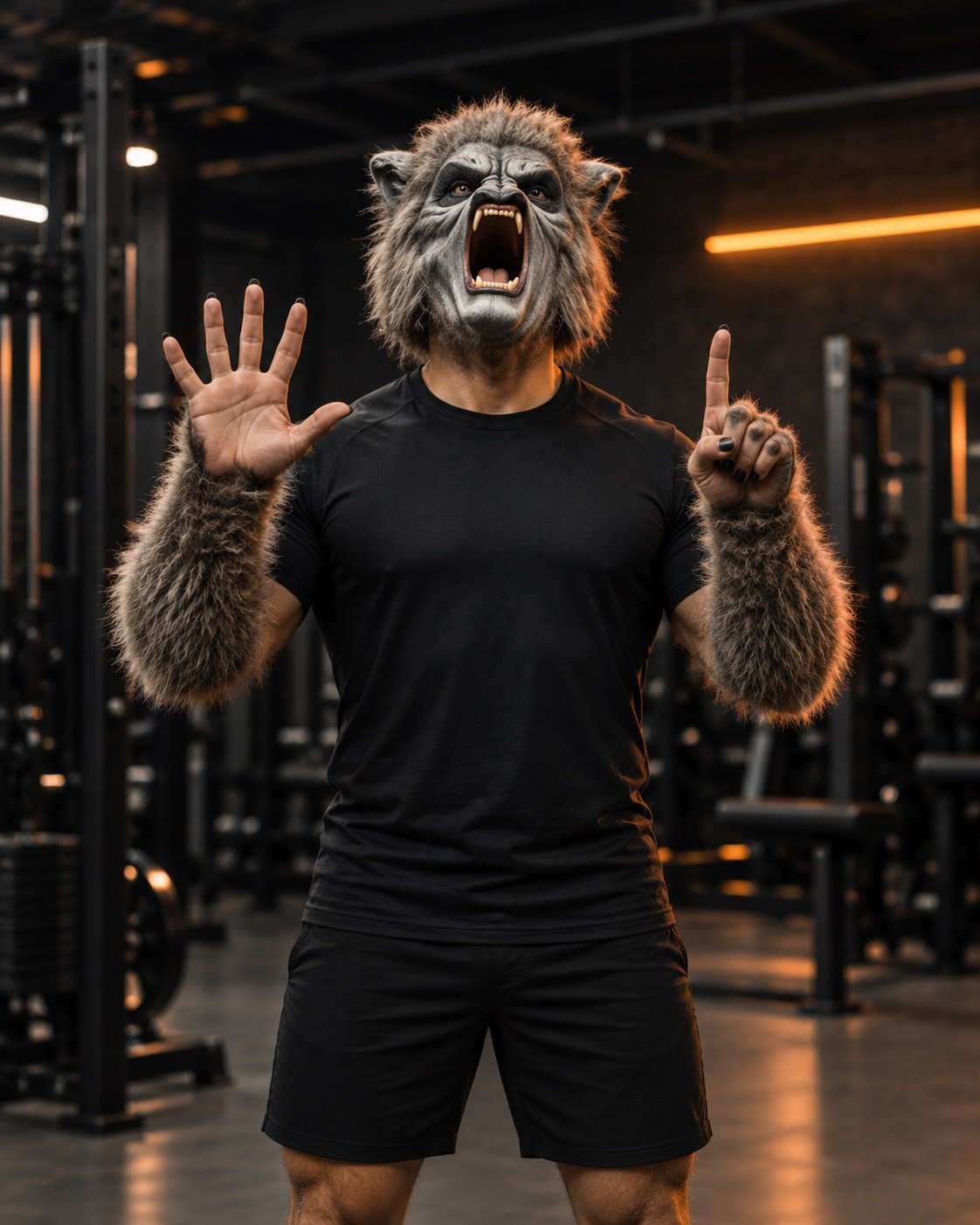 Hombre lobo, personaje ficticio de Halloween mostrando cinco dedos de una mano y uno de la otra; ilustración creada con IA, no es una fotografía de la sede