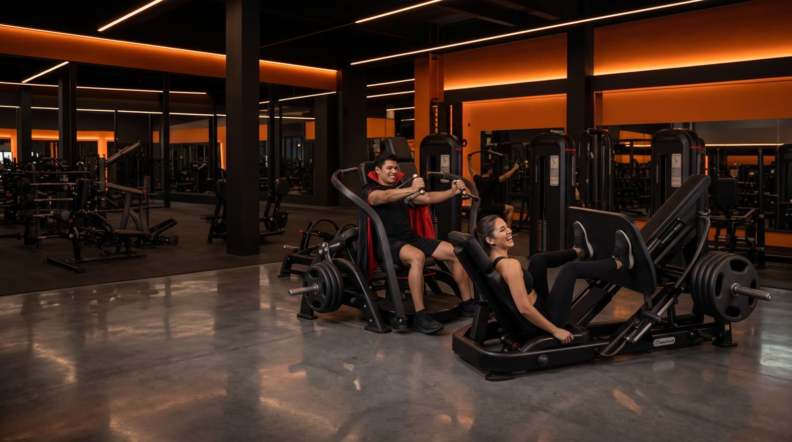 Socios entrenando en Empire Fitness Zavaleta con equipo Nautilus negro y neón naranja; uno lleva capa de vampiro. Imagen de campaña generada con IA